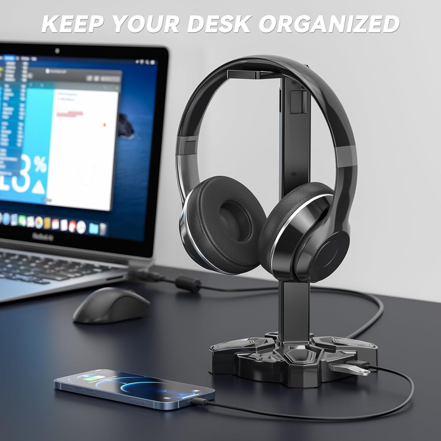 Soporte para auriculares gaming, giratorio con modos de luz, soporte para mando con 2 puertos de carga USB y conector de 3,5 mm