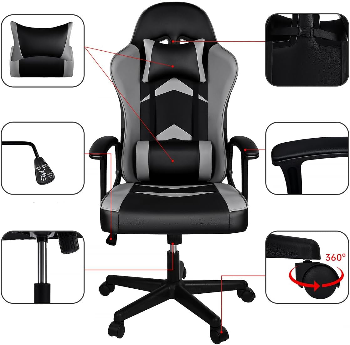 Silla Gaming Ergonómica Reclinable Con Cojín Lumbar Y Cervical | Respaldo Alto Acolchado | Altura Ajustable | Ruedas Giratorias 360° Y Reposabrazos