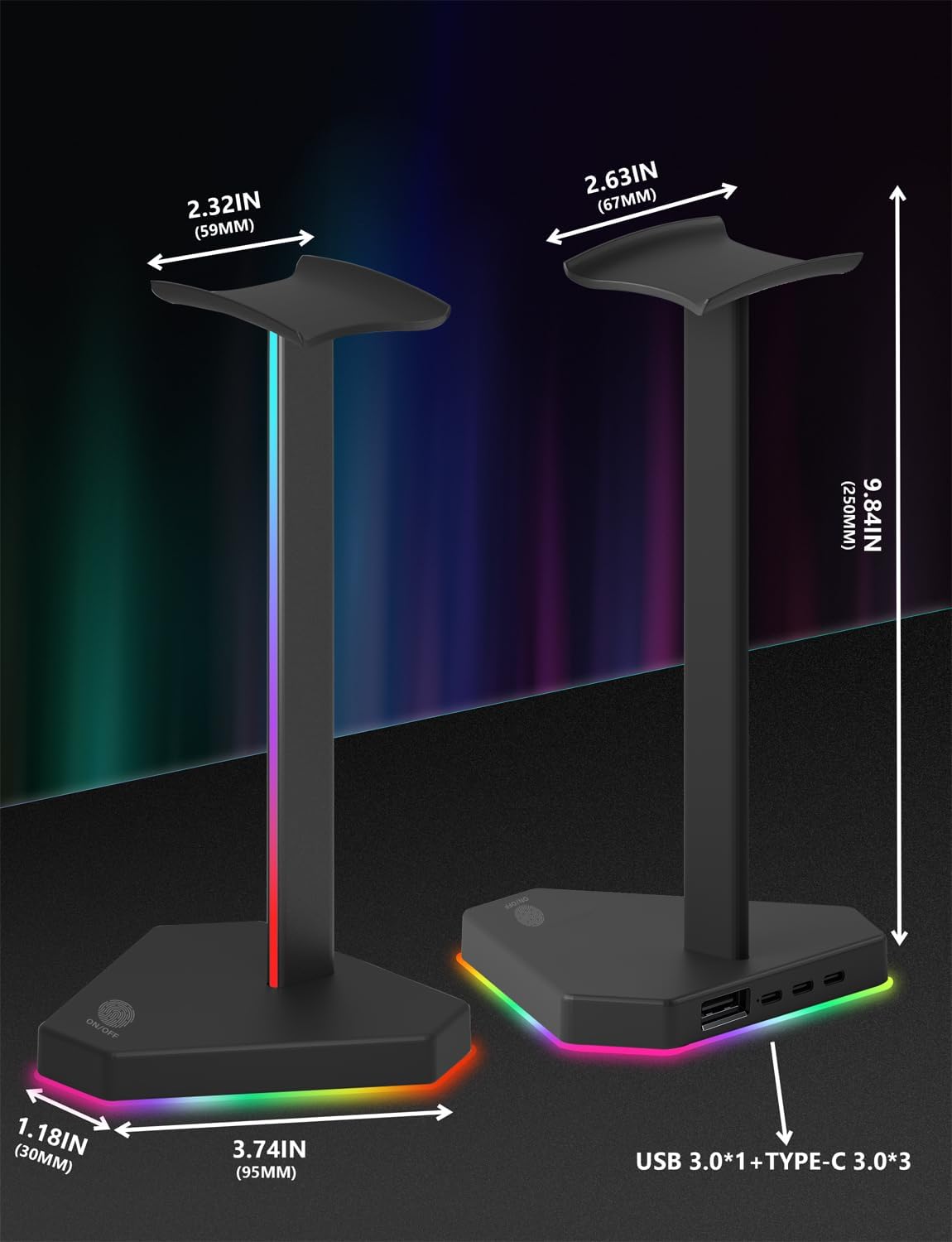 Soporte para auriculares RGB con 1 puerto USB-C para transmisión de datos y 3 puertos de carga tipo C