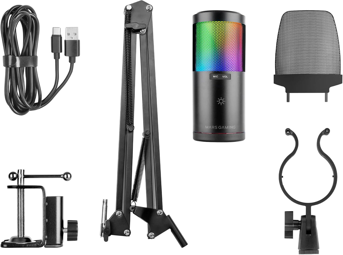 Mars Gaming MMIC-SC, Micrófono De Estudio Profesional, Diseño De Alta Gama ARGB, Alta Definición 192Khz 24-Bit, Brazo Mecánico Omnidireccional, Rueda De Control, Filtro Pop De Malla Metálica