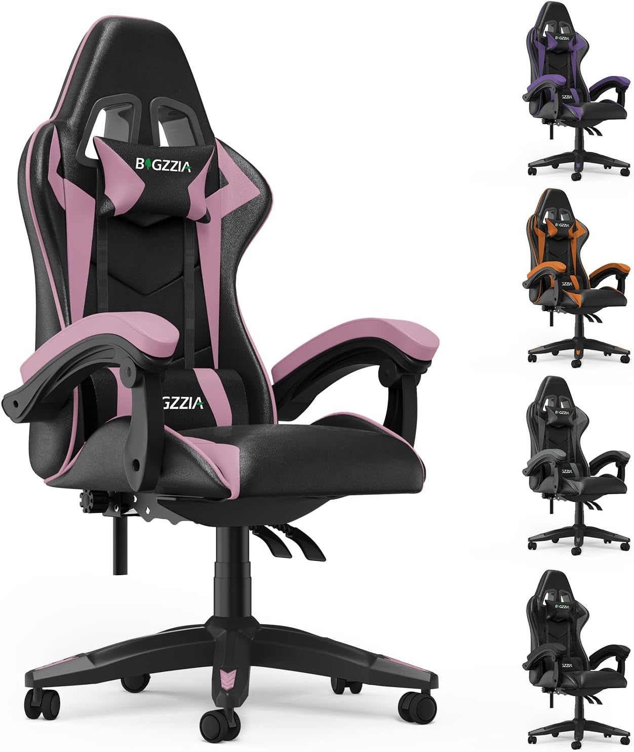 Bigzzia Silla Gaming, Ergonómica En Cuero PU, Regulable En Altura Con Soporte Lumbar Y Reposacabezas, Respaldo Reclinable 155°