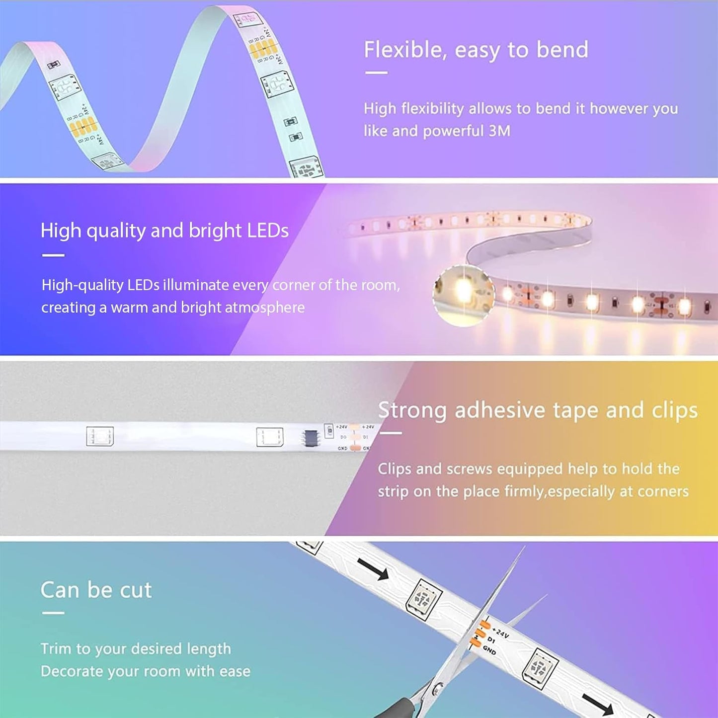 Tira LED, Luces LED Habitación 20 Metros, LED Strip Lights RGB, Sincronización Musical Bluetooth, 28 Modos, Control De Remoto 40 Botones Y App