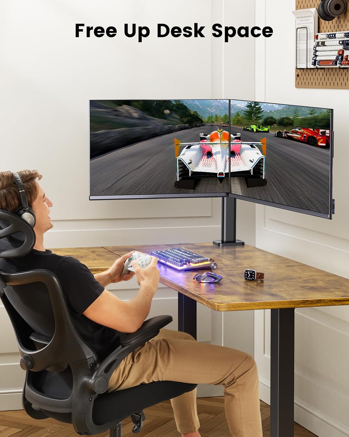 Soporte para dos monitores de 17 a 32 pulgadas, con inclinación ajustable, giro y rotación, brazos escalonados para mayor altura, soporta 22 libras por brazo