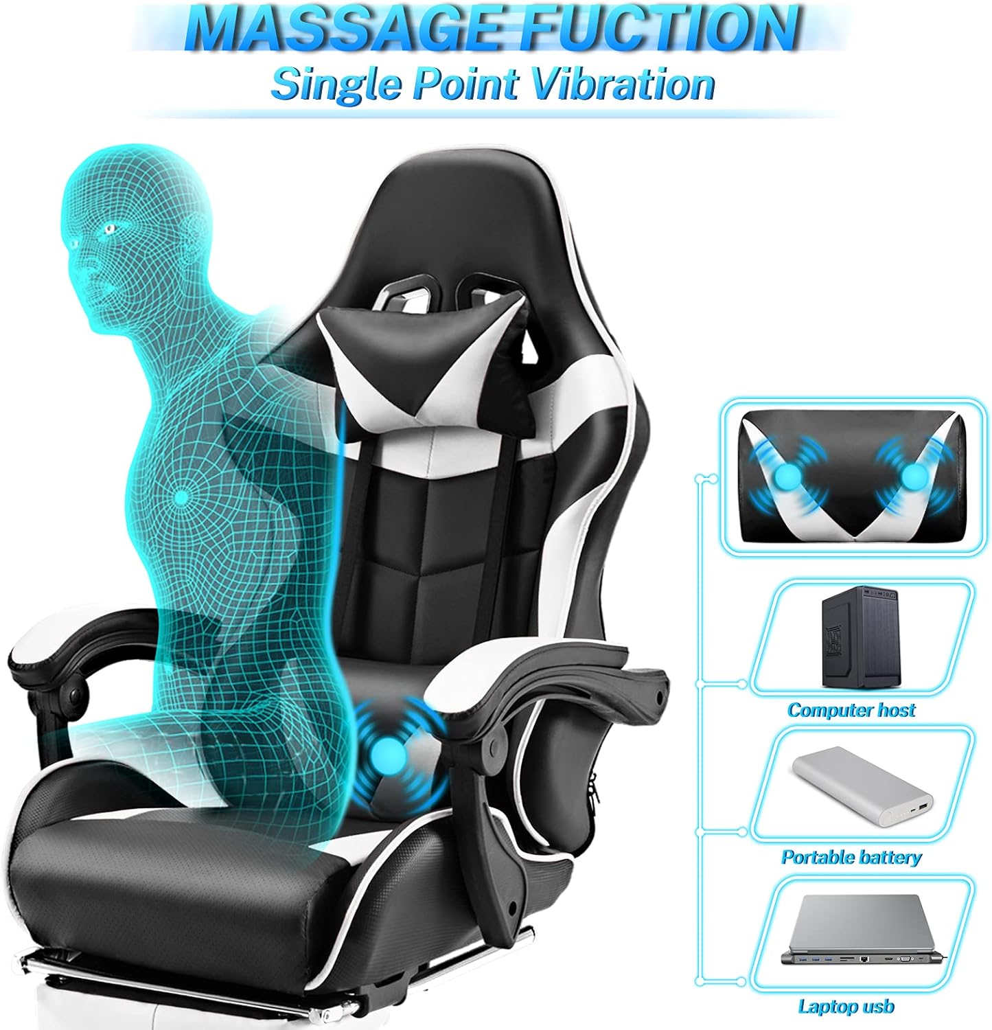Soontrans Silla Para Videojuegos, De Masaje, Con Reposapiés, Ergonómica, Con Reposacabezas, Cojín Lumbar De Masaje, Acolchada, Blanco