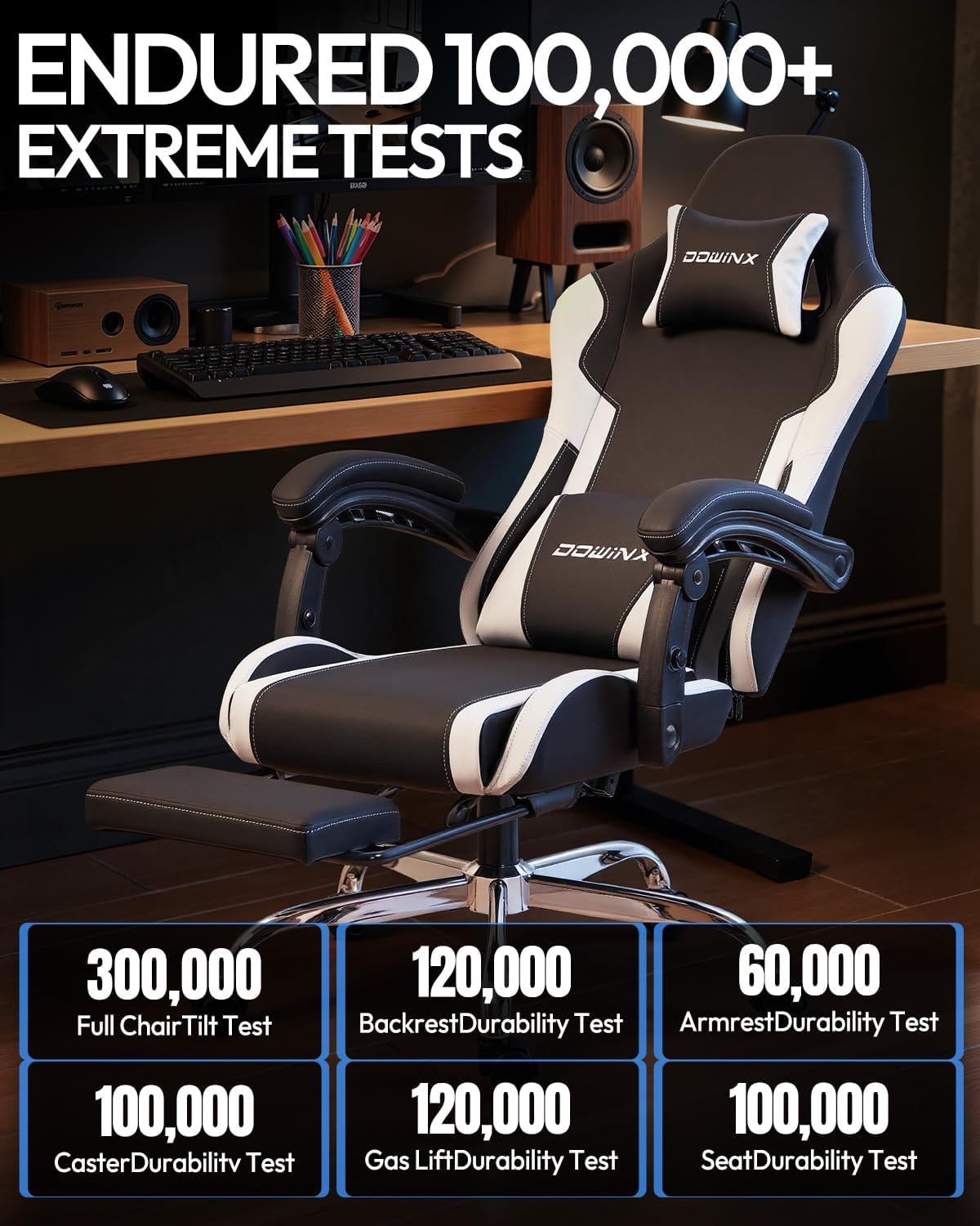 Silla de Gaming Ergonómica con Reposapiés y Masaje Lumbar, Reposabrazos 2D-Linkage para Silla de Computadora (150 kg) con Almohada y Largas Sesiones de Juego