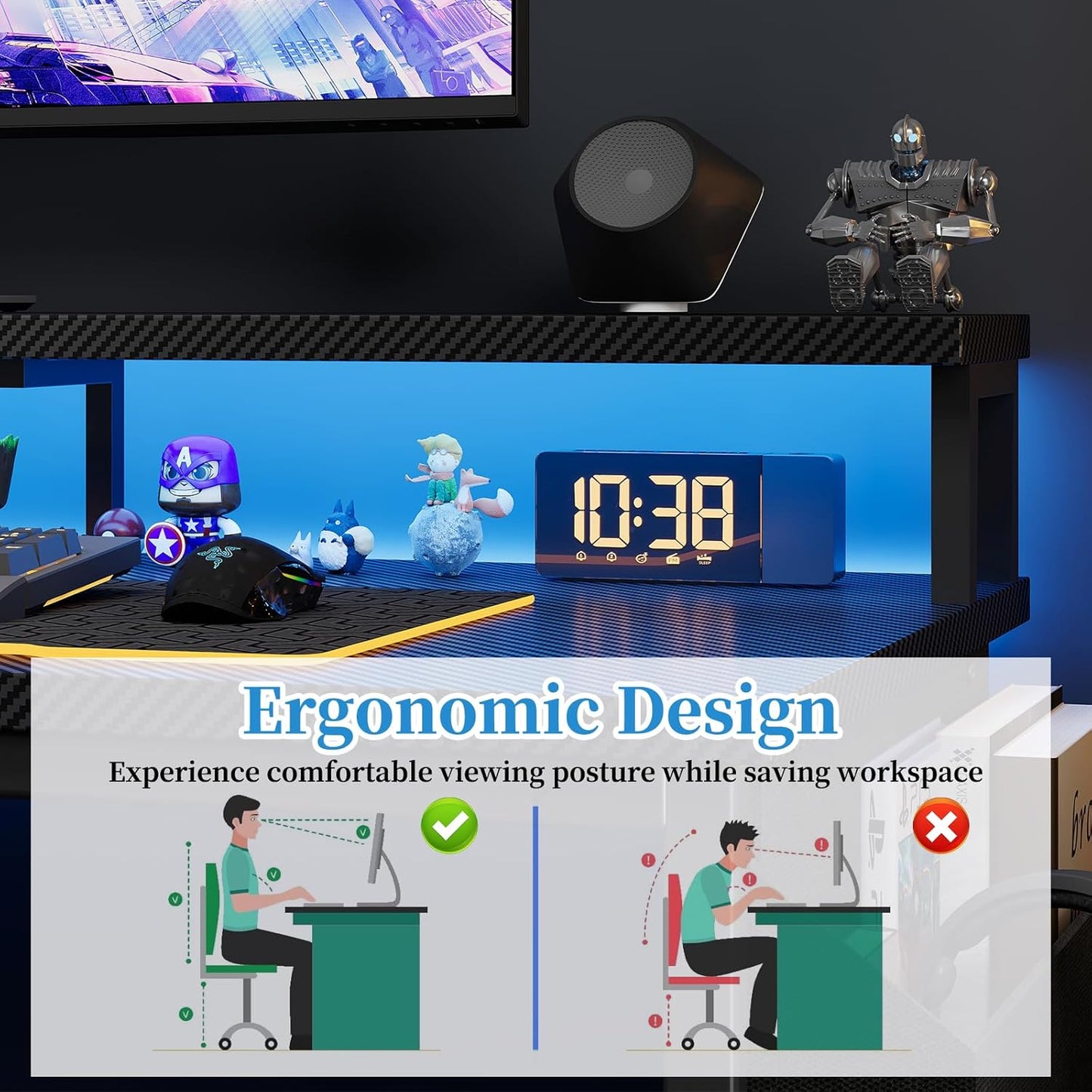 100 x 50 cm Escritorio L Con Luces LED Y Enchufes, Escritorio De Juego Con 2 Estantes, Con Soporte Para Monitor, Negro Carbón