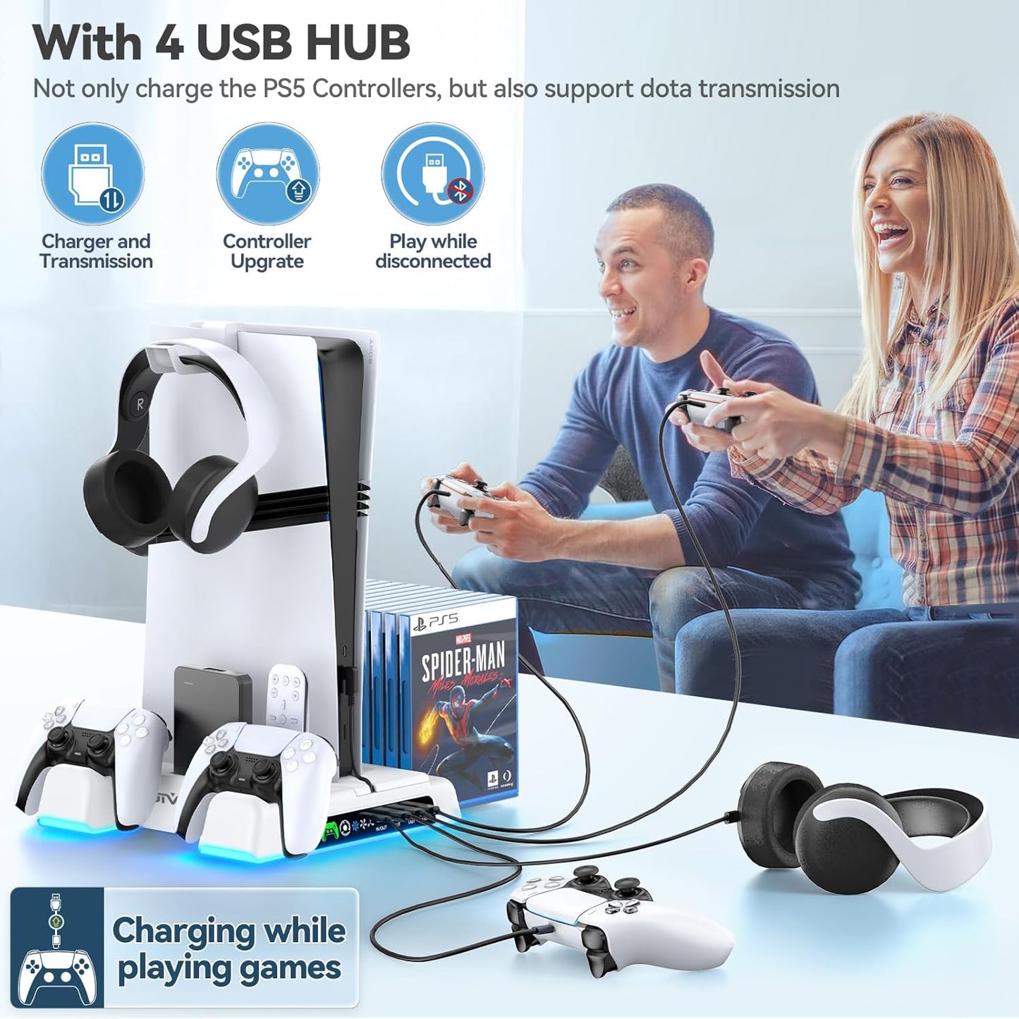 OIVO Soporte Para Ps5/Slim/Pro Con Ventilador De 3 Velocidades, Cargador Para Mando Playstation, Soporte PS5 Vertical Con 3 Puertos USB Y Ranuras De 14 Juegos