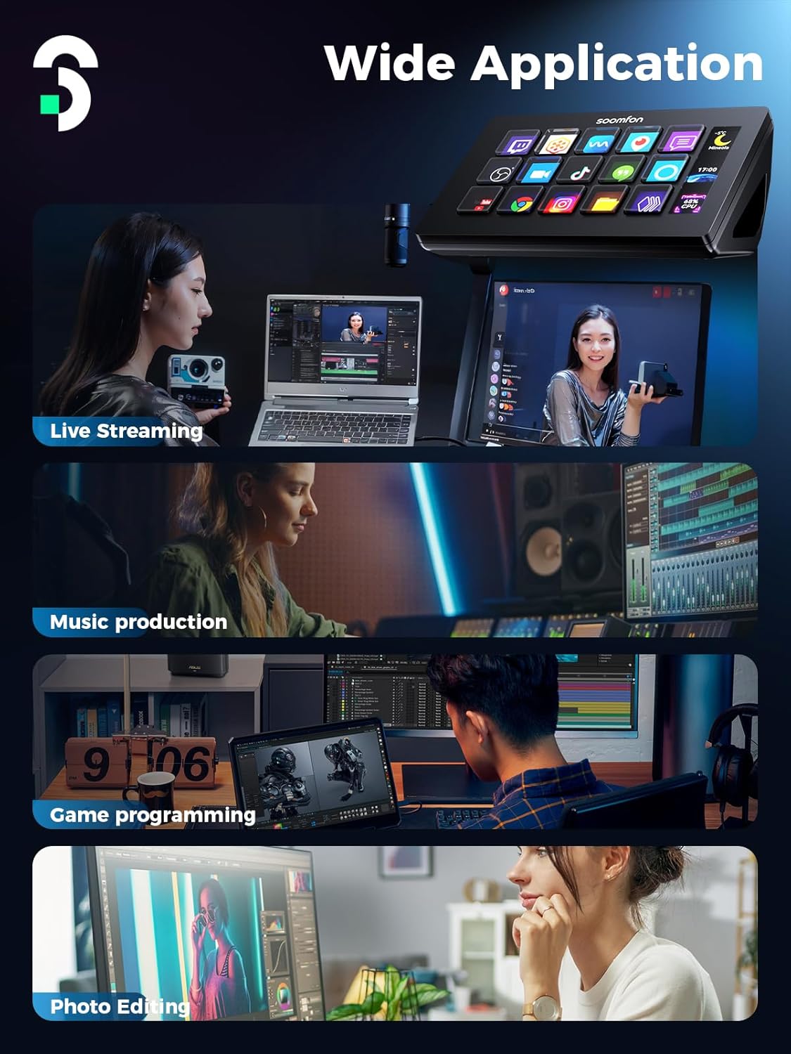 SOOMFON Controlador con 15 teclas macro LCD personalizables para activar acciones en OBS Twitch YouTube Compatible con PC y Mac para creadores de contenido