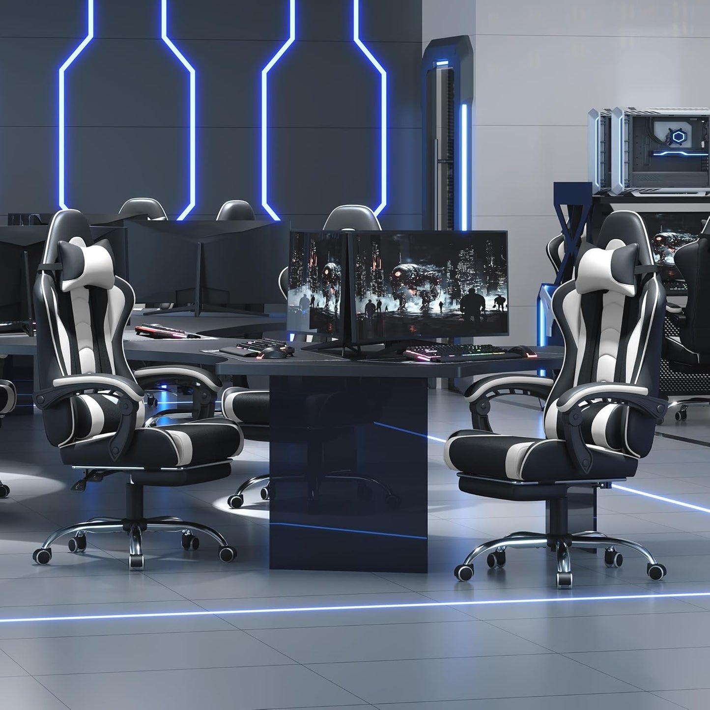 Silla de Gaming, Silla para Videojuegos con Soporte Lumbar con Masaje y Reposapiés ergonómica Ajustable en Altura para Gaming, con Asiento Giratorio y Reposacabezas