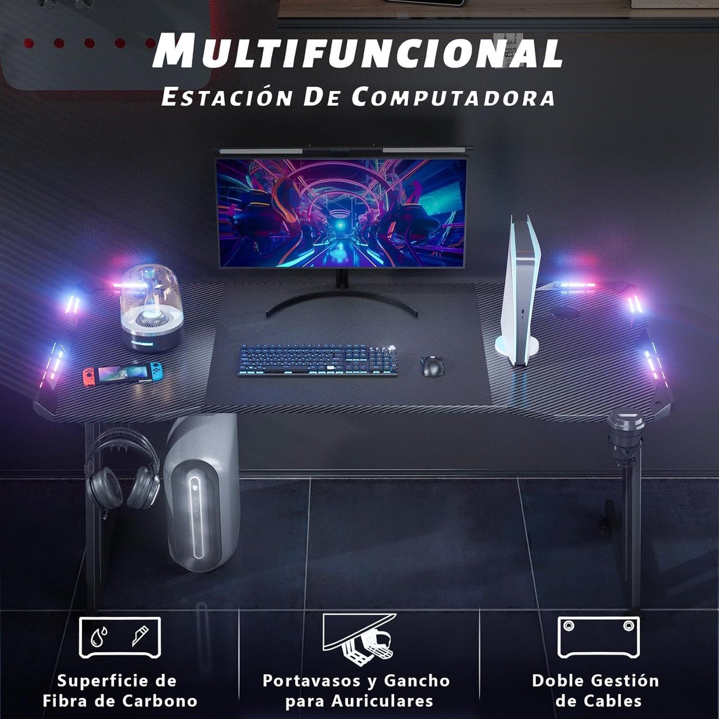 120 × 60Cm LED Mesa Gaming, Escritorio Gaming De Fibra De Carbono Ergonómicas, Escritorio Gamer Con Portavasos Y Gancho Para Auriculares, Negro