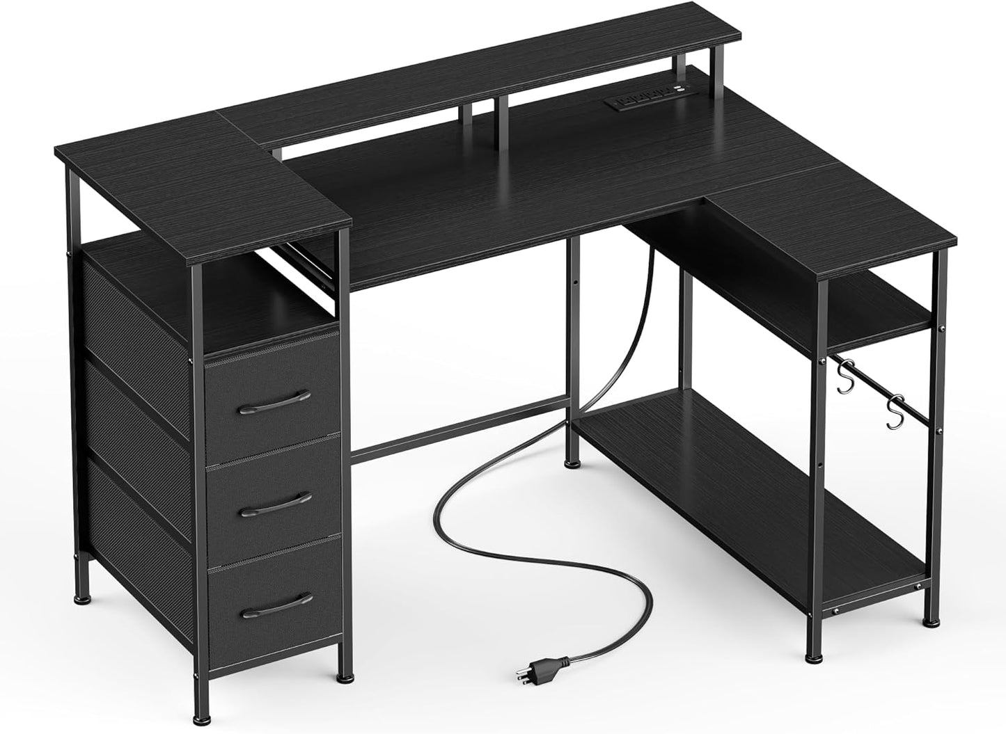 Escritorio Gaming en Forma de L de 47 Pulgadas con Tomas de Corriente y Luces LED, con Cajón para Archivos y Soporte para Monitor, Mesa de Esquina para Gamer para Oficina en Casa con Estantes de Almacenamiento