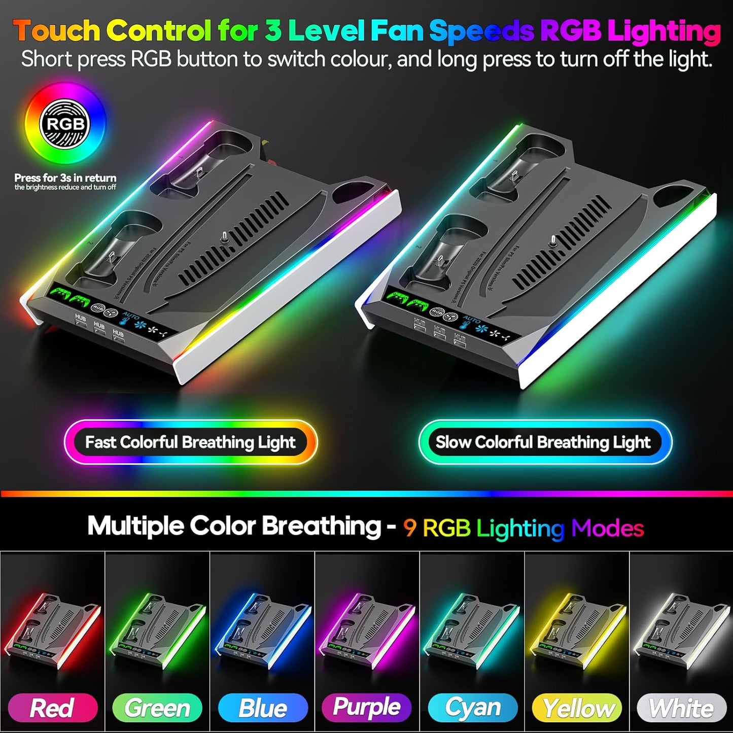 Soporte para PS5/Slim/Pro para discos y consola digital, estación de carga y refrigeración con luces RGB, cargador de mando PS5 con ventilador