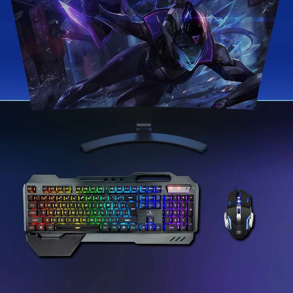  Teclado y Ratón Inalámbricos para Gaming RGB, Reposamuñecas Desmontable, Tamaño Completo