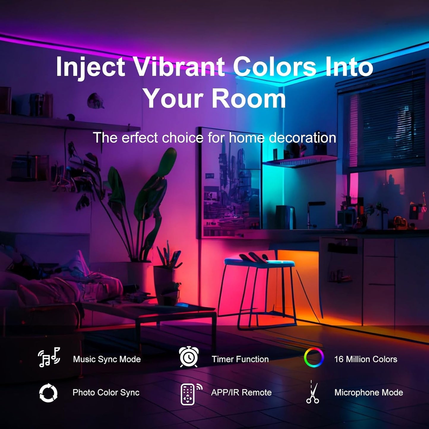 Tira de Luces LED de 200 pies para Dormitorio, Luces LED Inteligentes Sincronizadas con Música, Ultra Larga con Control por Aplicación y Bluetooth