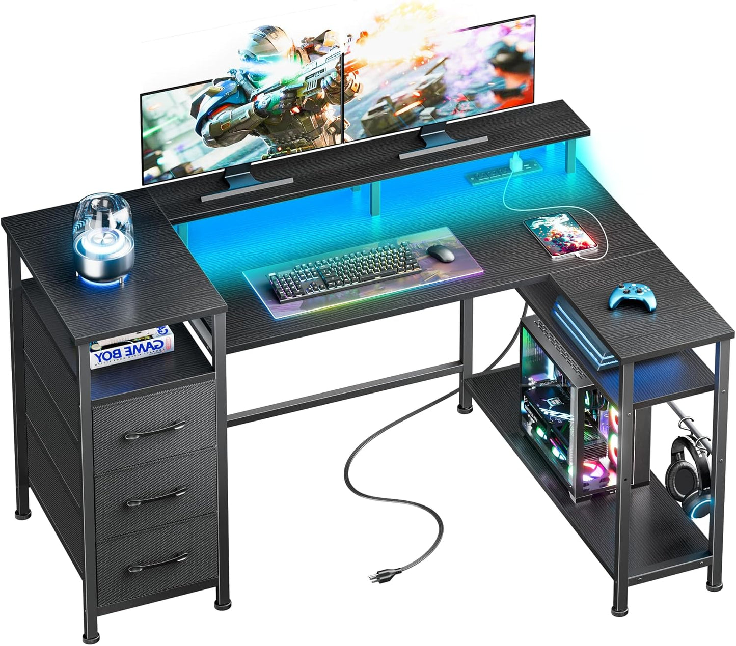 Escritorio Gaming en Forma de L de 47 Pulgadas con Tomas de Corriente y Luces LED, con Cajón para Archivos y Soporte para Monitor, Mesa de Esquina para Gamer para Oficina en Casa con Estantes de Almacenamiento