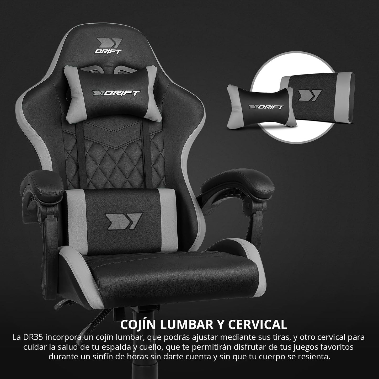 DRIFT GAMING DR35 – Silla Gaming Ergonómica Profesional Con Soporte Lumbar Y Reposabrazos 2D Ajustables, Reclinable 135°, Base Robusta, Ruedas Silenciosas, Tapizado En Cuero Sintético, Negro Y Gris