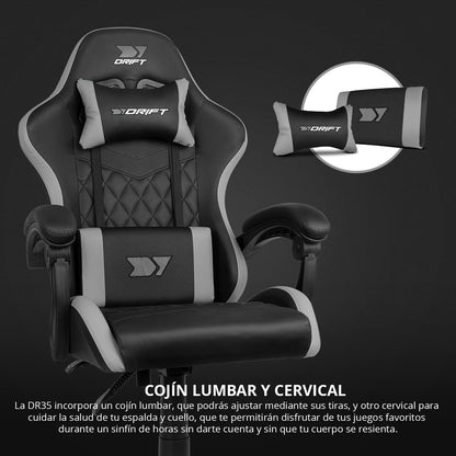 DRIFT GAMING DR35 – Silla Gaming Ergonómica Profesional Con Soporte Lumbar Y Reposabrazos 2D Ajustables, Reclinable 135°, Base Robusta, Ruedas Silenciosas, Tapizado En Cuero Sintético, Negro Y Gris