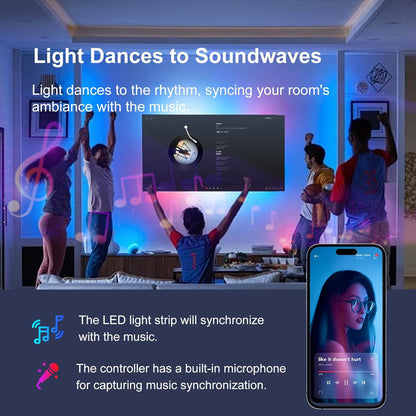 Tira de Luces LED de 200 pies para Dormitorio, Luces LED Inteligentes Sincronizadas con Música, Ultra Larga con Control por Aplicación y Bluetooth