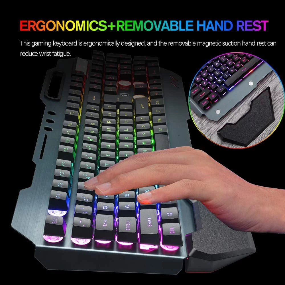  Teclado y Ratón Inalámbricos para Gaming RGB, Reposamuñecas Desmontable, Tamaño Completo