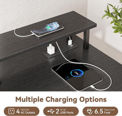 Escritorio Gaming en Forma de L de 47 Pulgadas con Tomas de Corriente y Luces LED, con Cajón para Archivos y Soporte para Monitor, Mesa de Esquina para Gamer para Oficina en Casa con Estantes de Almacenamiento