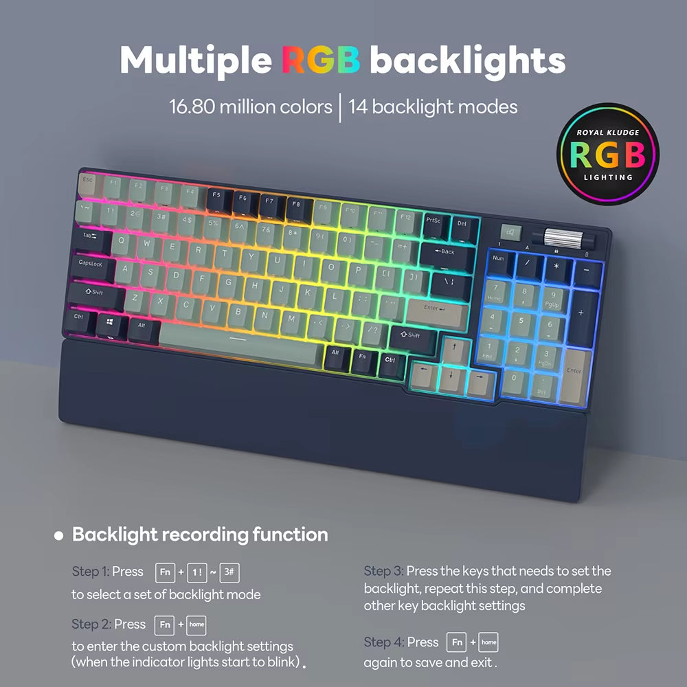 Teclado Mecánico e Inalámbrico ROYAL KLUDGE 96 RGB Tri-Mode BT5.0/2.4G/USB-C Hot-Swappable de 96 Teclas