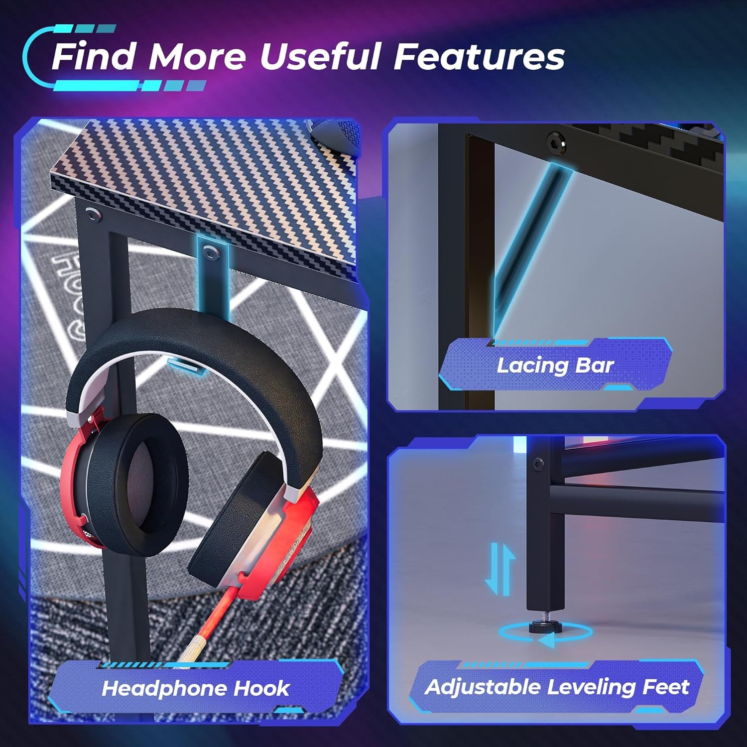 Escritorio de Gaming en Forma de L con Tomas de Corriente y Luces LED, Escritorio de Computadora con Estantes para Monitor, Superficie de Fibra de Carbono,  con Ganchos