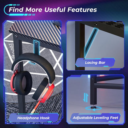 Escritorio de Gaming en Forma de L con Tomas de Corriente y Luces LED, Escritorio de Computadora con Estantes para Monitor, Superficie de Fibra de Carbono,  con Ganchos