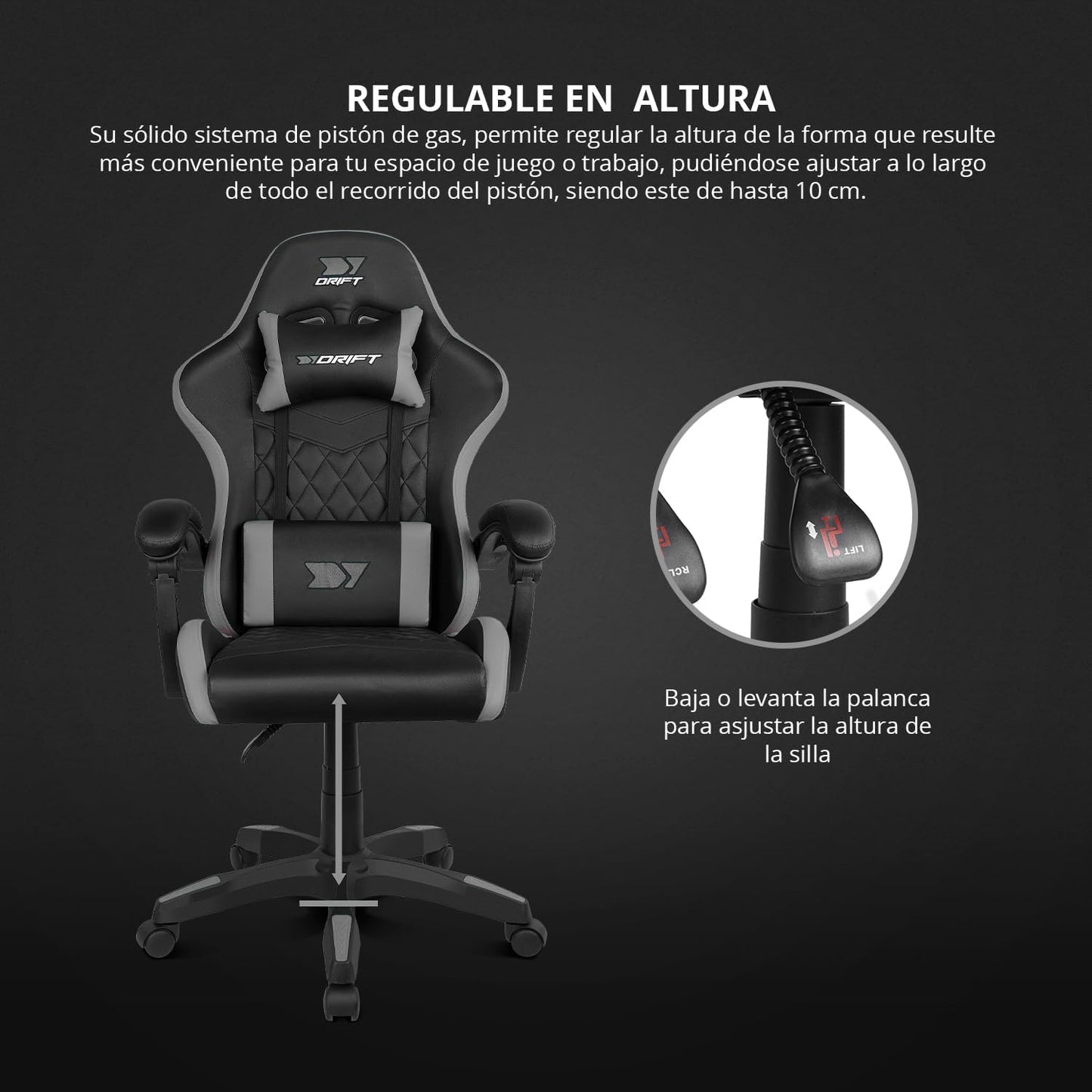 DRIFT GAMING DR35 – Silla Gaming Ergonómica Profesional Con Soporte Lumbar Y Reposabrazos 2D Ajustables, Reclinable 135°, Base Robusta, Ruedas Silenciosas, Tapizado En Cuero Sintético, Negro Y Gris