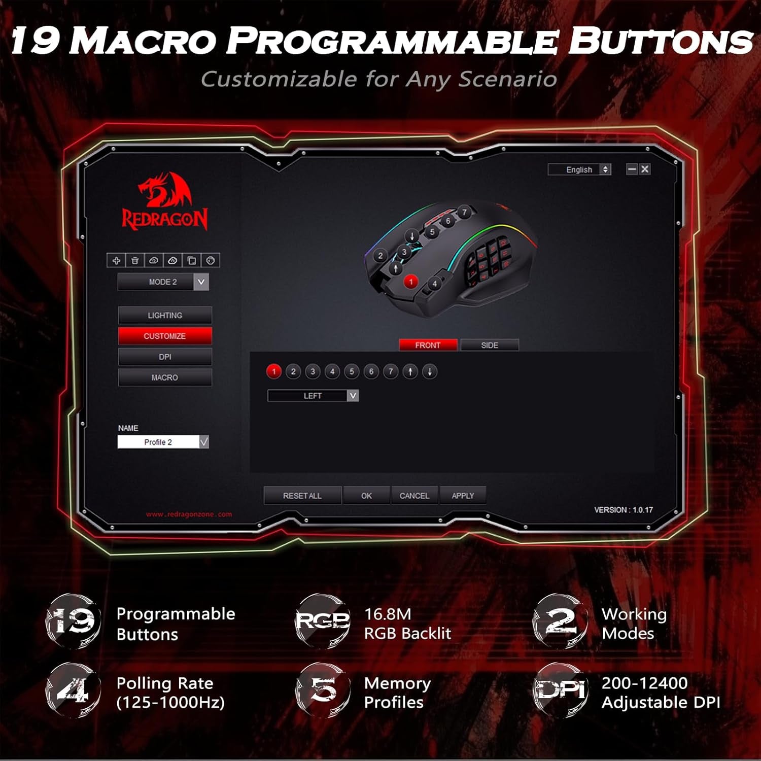 Ratón para juegos, ratón MMO para juegos de hasta 12400 DPI, 19 botones macro programables, ratón RGB con 12 botones laterales, M901K
