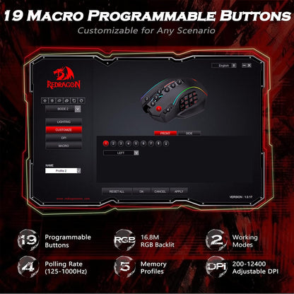 Ratón para juegos, ratón MMO para juegos de hasta 12400 DPI, 19 botones macro programables, ratón RGB con 12 botones laterales, M901K