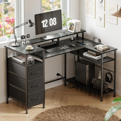 Escritorio Gaming en Forma de L de 47 Pulgadas con Tomas de Corriente y Luces LED, con Cajón para Archivos y Soporte para Monitor, Mesa de Esquina para Gamer para Oficina en Casa con Estantes de Almacenamiento