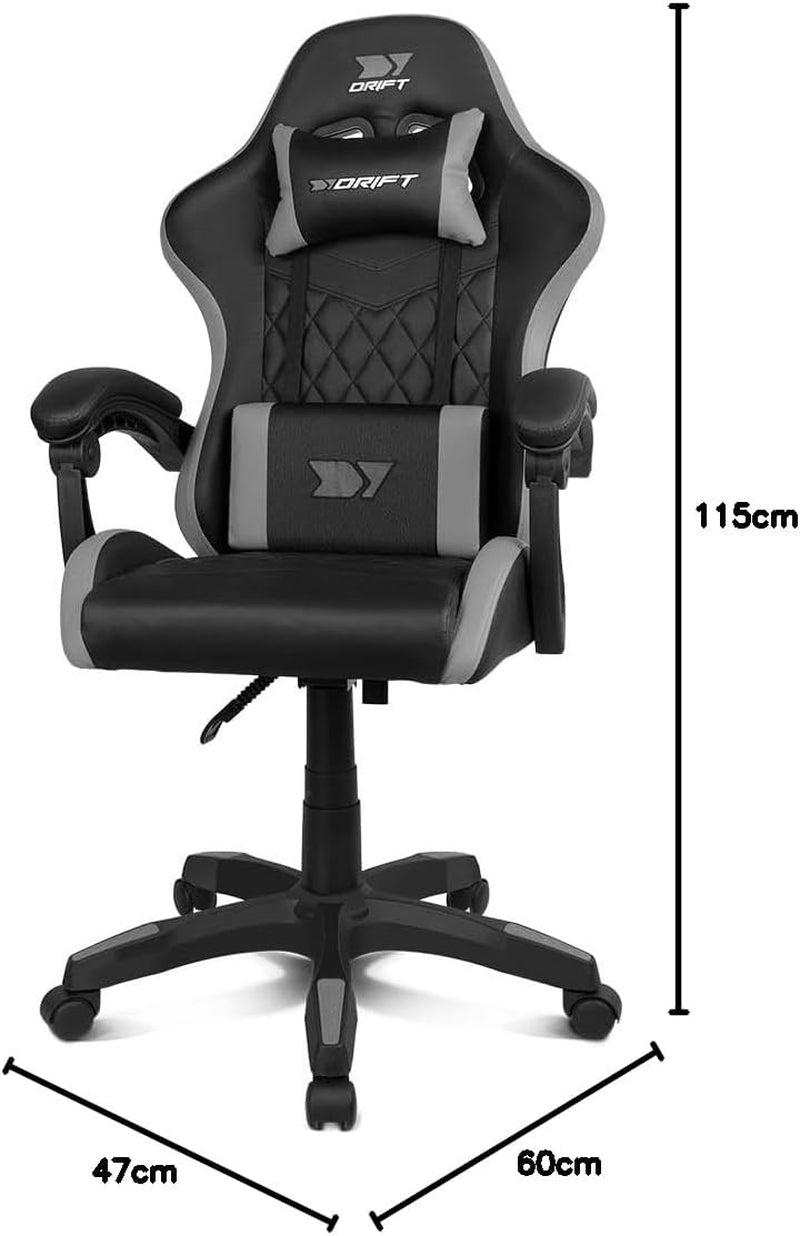 DRIFT GAMING DR35 – Silla Gaming Ergonómica Profesional Con Soporte Lumbar Y Reposabrazos 2D Ajustables, Reclinable 135°, Base Robusta, Ruedas Silenciosas, Tapizado En Cuero Sintético, Negro Y Gris