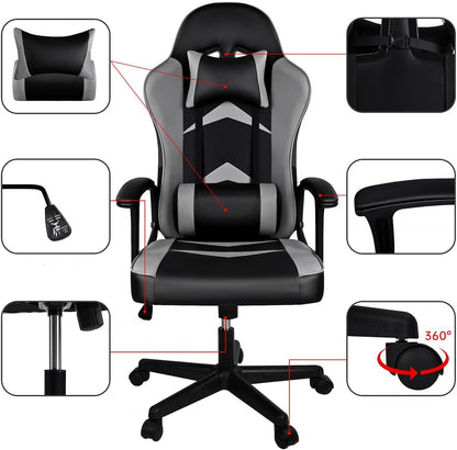 Silla Gaming Ergonómica Reclinable Con Cojín Lumbar Y Cervical | Respaldo Alto Acolchado | Altura Ajustable | Ruedas Giratorias 360° Y Reposabrazos 