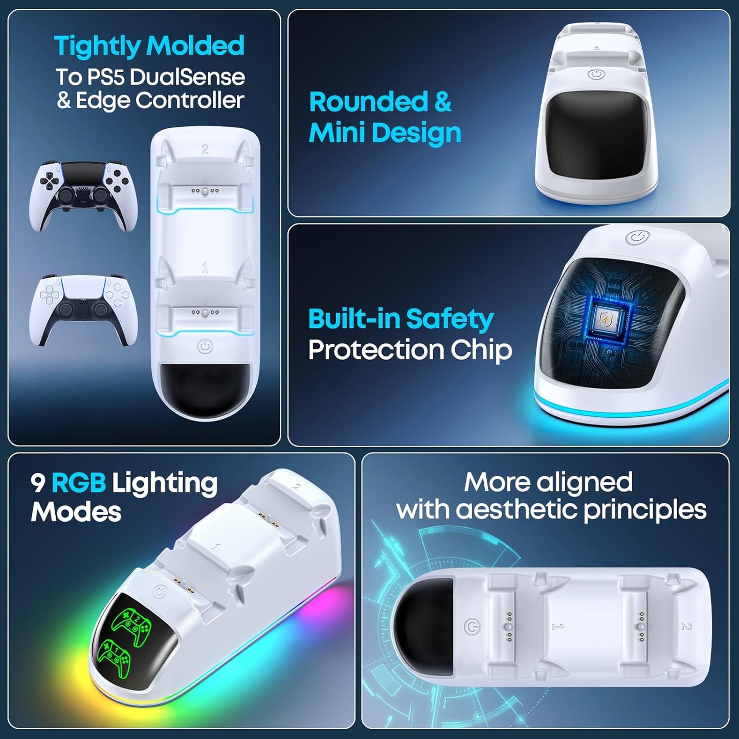 Cargador para PS5, estación de carga dual para Playstation 5 Dualsense y Edge con luz RGB, estación de carga rápida para control dual de PS5 con cable
