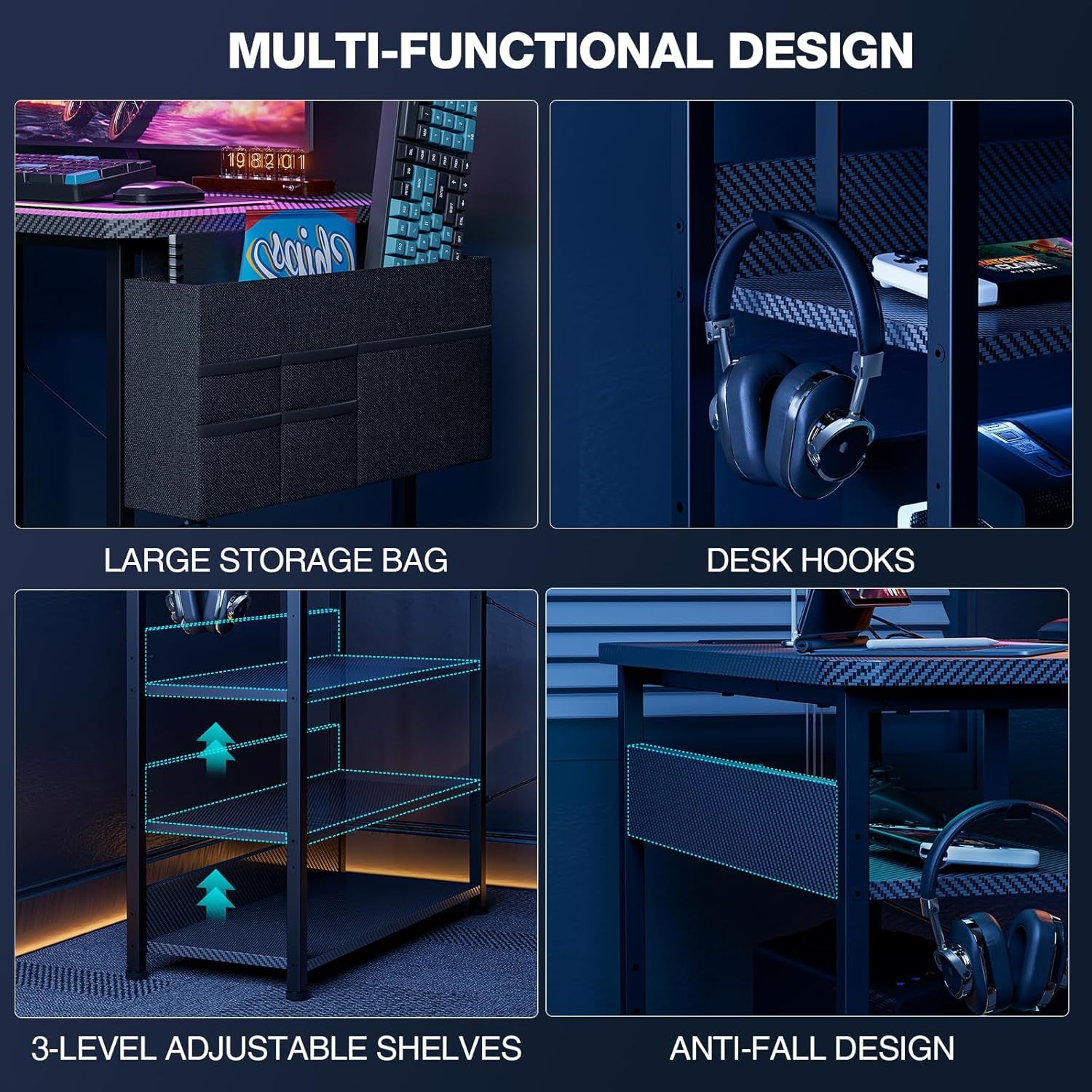 Escritorio de Gaming en Forma de L de 40 Pulgadas - Escritorio de Esquina para Computadora con Tomas de Corriente, Estantes Reversibles y Bolsa de Almacenamiento para Oficina en Casa, Mesa de Gaming para PC
