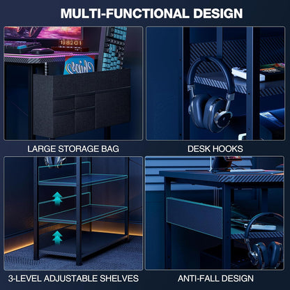 Escritorio de Gaming en Forma de L de 40 Pulgadas - Escritorio de Esquina para Computadora con Tomas de Corriente, Estantes Reversibles y Bolsa de Almacenamiento para Oficina en Casa, Mesa de Gaming para PC