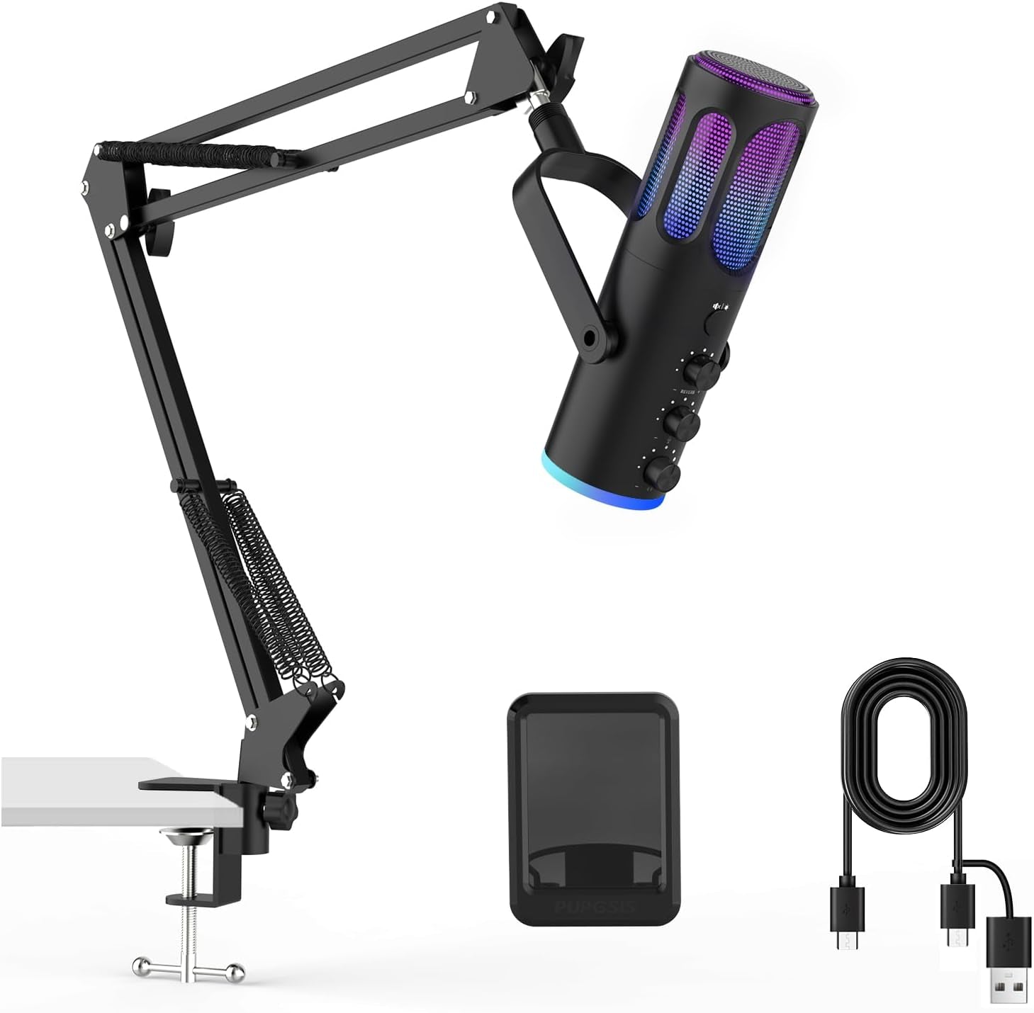 traduce  Micrófono Gaming, Micrófono de Condensador USB para PC, PS4/5 y Mac, Micrófono para Computadora con Cancelación de Ruido, Función de Silencio, Reverb y Monitoreo, Brazo Articulado Ajustable y Filtro Pop