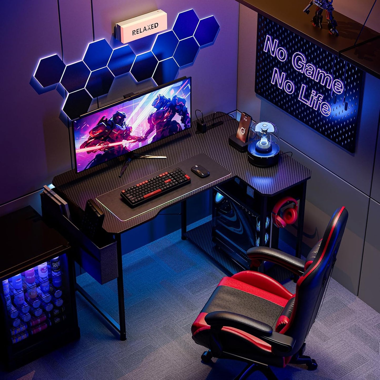 Escritorio de Gaming en Forma de L de 40 Pulgadas - Escritorio de Esquina para Computadora con Tomas de Corriente, Estantes Reversibles y Bolsa de Almacenamiento para Oficina en Casa, Mesa de Gaming para PC