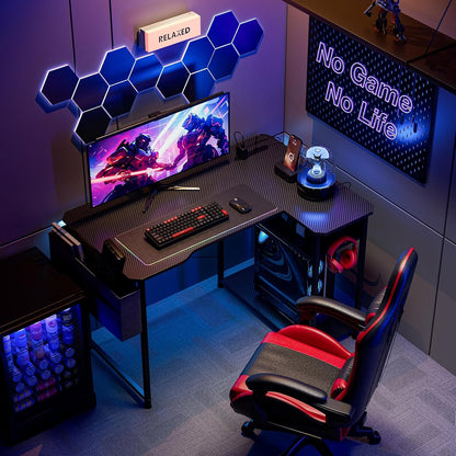 Escritorio de Gaming en Forma de L de 40 Pulgadas - Escritorio de Esquina para Computadora con Tomas de Corriente, Estantes Reversibles y Bolsa de Almacenamiento para Oficina en Casa, Mesa de Gaming para PC