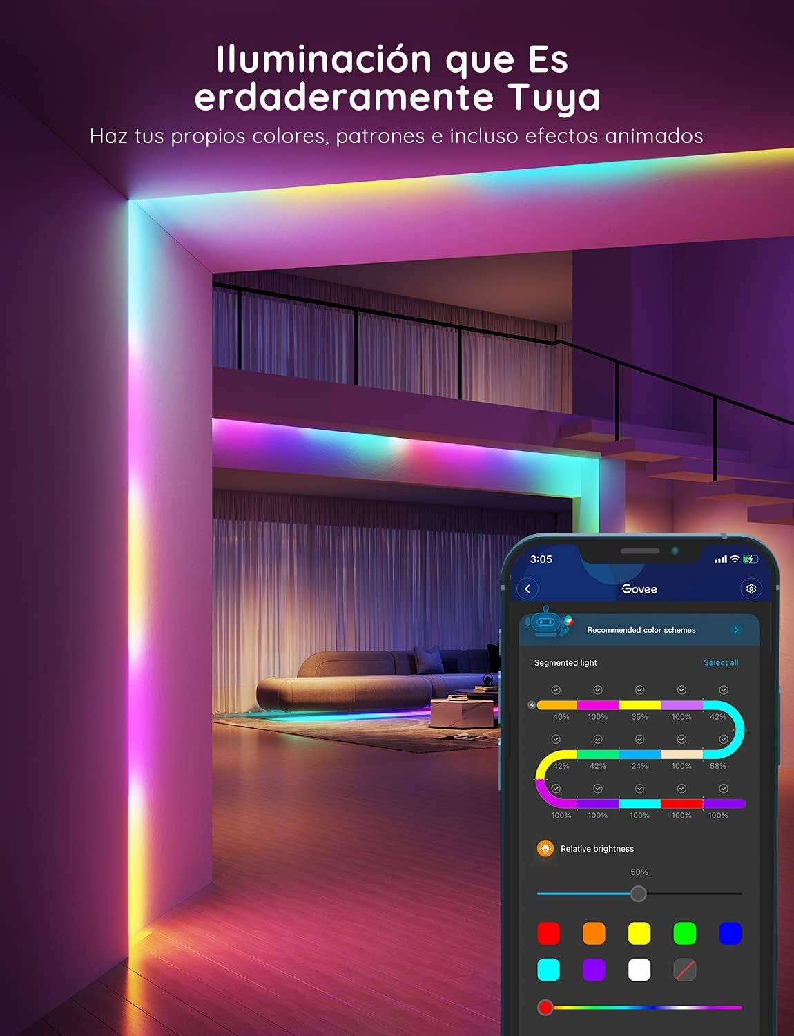 Govee Tiras LED Wifi 5M, Luces LED RGBIC Con Control Por Alexa, Google Assistant Y App, Inteligente Control Segmentado, DIY, Sincronización De Música