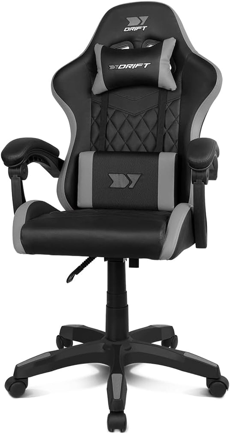 DRIFT GAMING DR35 – Silla Gaming Ergonómica Profesional Con Soporte Lumbar Y Reposabrazos 2D Ajustables, Reclinable 135°, Base Robusta, Ruedas Silenciosas, Tapizado En Cuero Sintético, Negro Y Gris