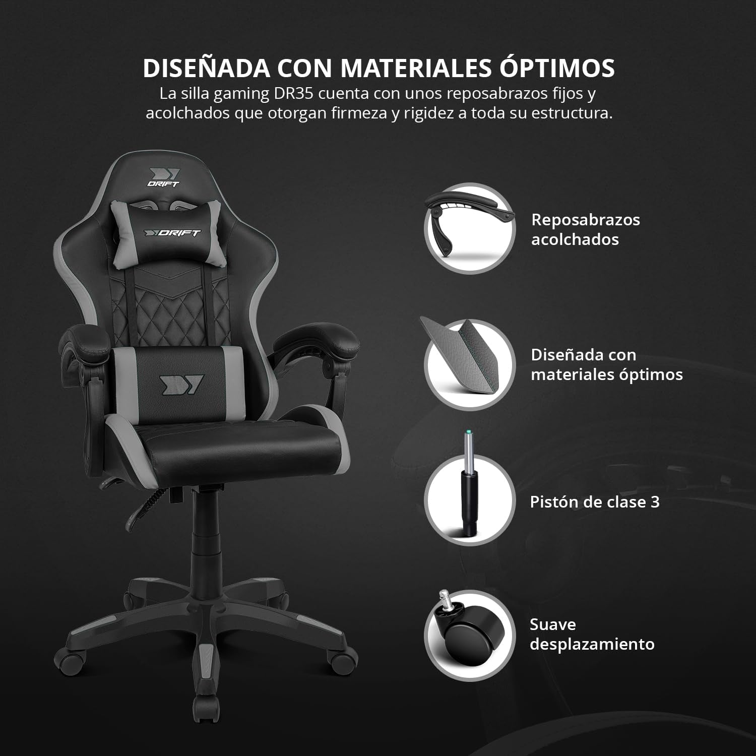 DRIFT GAMING DR35 – Silla Gaming Ergonómica Profesional Con Soporte Lumbar Y Reposabrazos 2D Ajustables, Reclinable 135°, Base Robusta, Ruedas Silenciosas, Tapizado En Cuero Sintético, Negro Y Gris