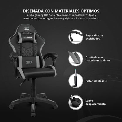 DRIFT GAMING DR35 – Silla Gaming Ergonómica Profesional Con Soporte Lumbar Y Reposabrazos 2D Ajustables, Reclinable 135°, Base Robusta, Ruedas Silenciosas, Tapizado En Cuero Sintético, Negro Y Gris