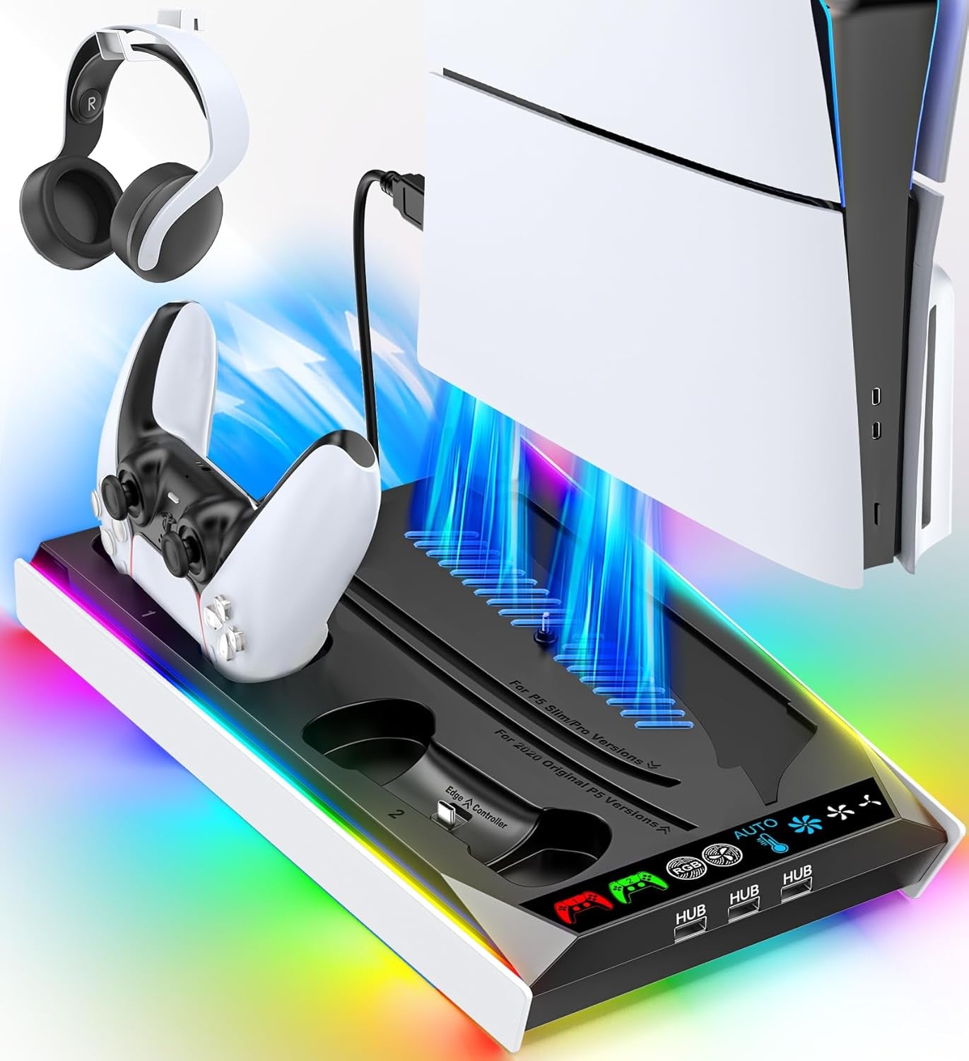 Soporte para PS5/Slim/Pro para discos y consola digital, estación de carga y refrigeración con luces RGB, cargador de mando PS5 con ventilador