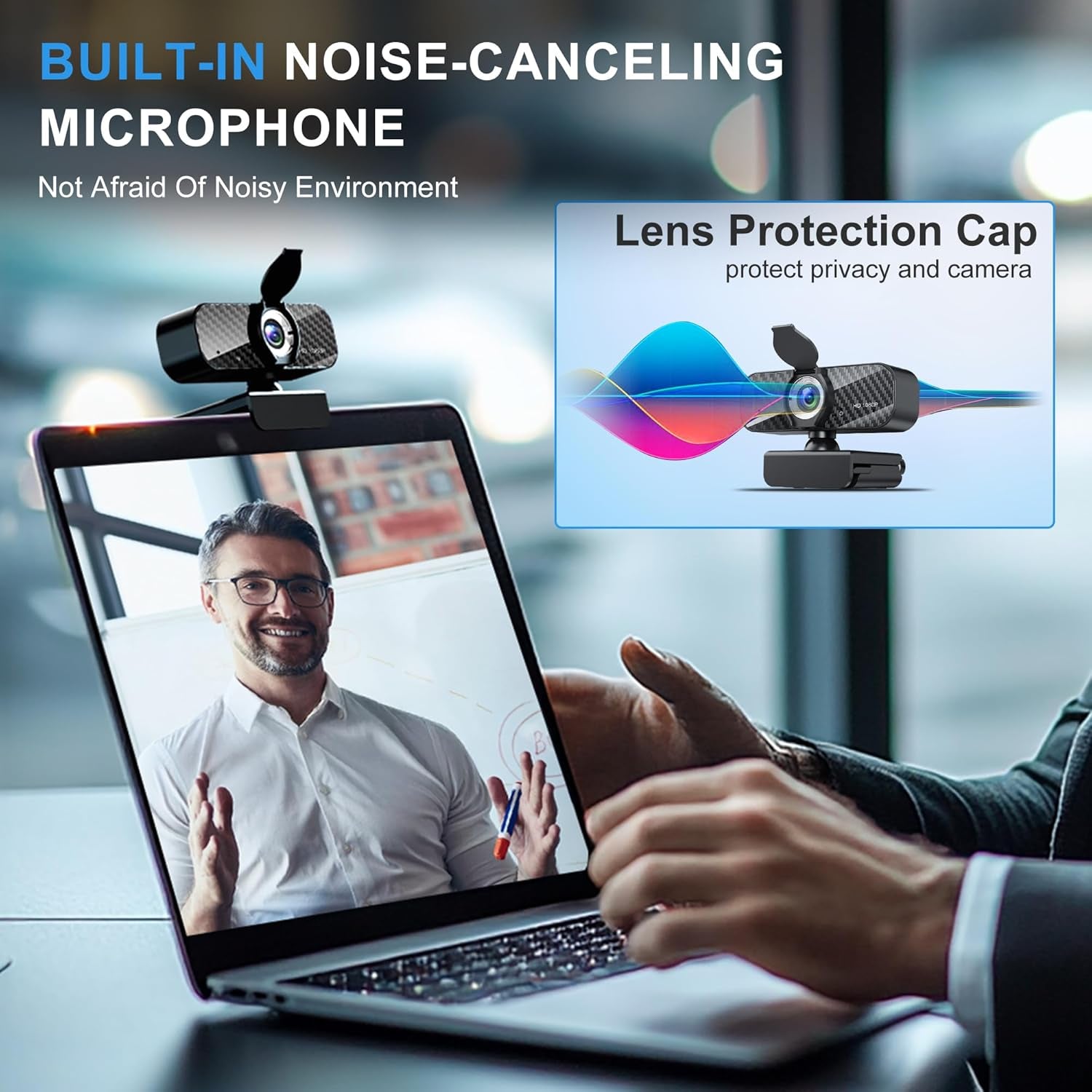 Cámara Web Full HD 1080P con Micrófono Integrado y Trípode Giratorio, Panel de Fibra de Carbono y Cubierta de Privacidad, Corrección Automática de Luz, Campo de Visión Ajustable, Plug & Play