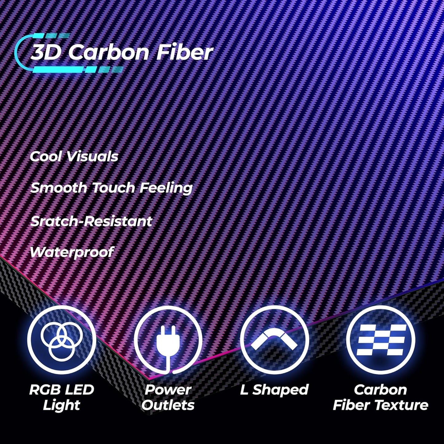 Escritorio de Gaming en Forma de L con Tomas de Corriente y Luces LED, Escritorio de Computadora con Estantes para Monitor, Superficie de Fibra de Carbono,  con Ganchos