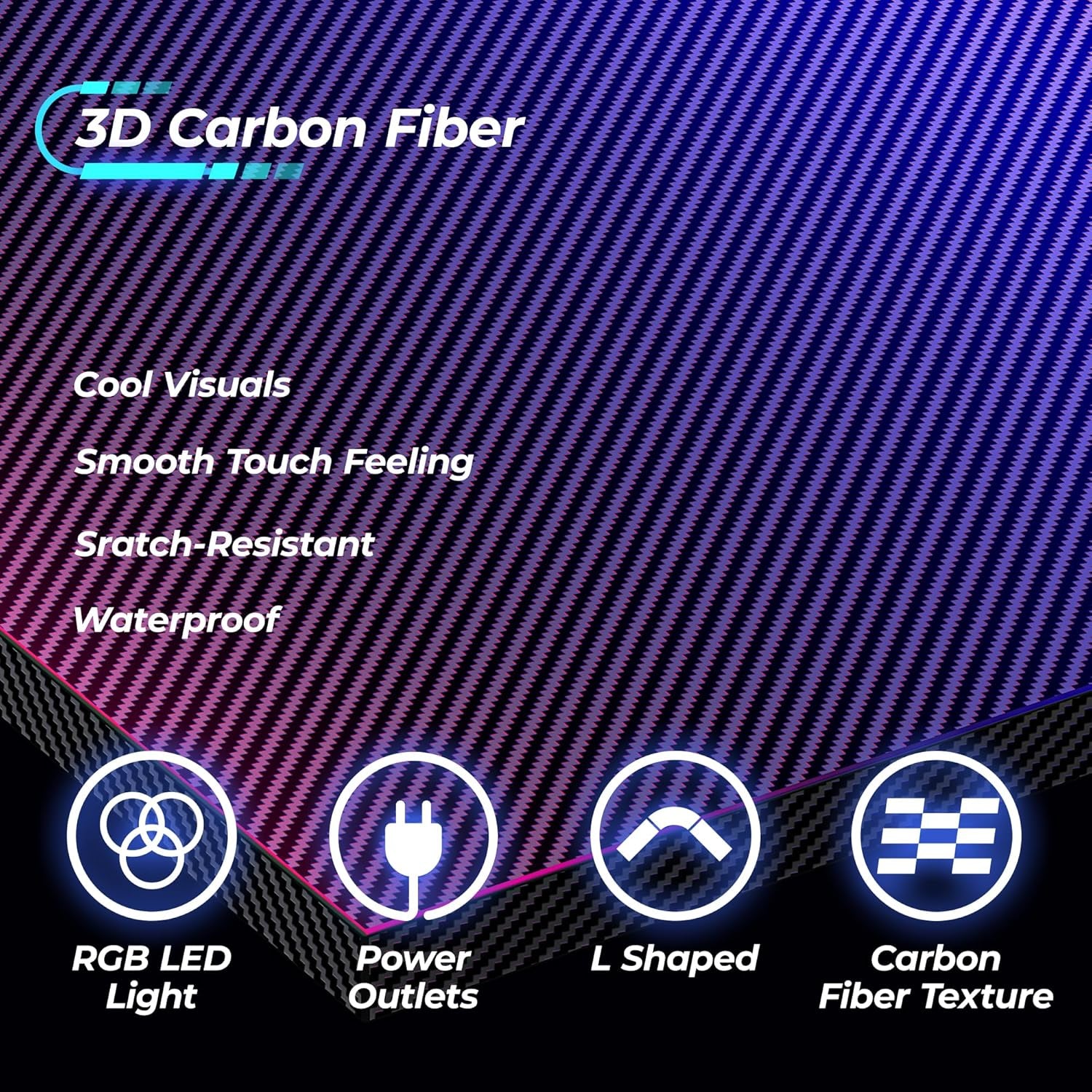 Escritorio de Gaming en Forma de L con Tomas de Corriente y Luces LED, Escritorio de Computadora con Estantes para Monitor, Superficie de Fibra de Carbono,  con Ganchos