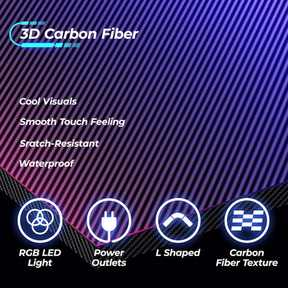 Escritorio de Gaming en Forma de L con Tomas de Corriente y Luces LED, Escritorio de Computadora con Estantes para Monitor, Superficie de Fibra de Carbono,  con Ganchos