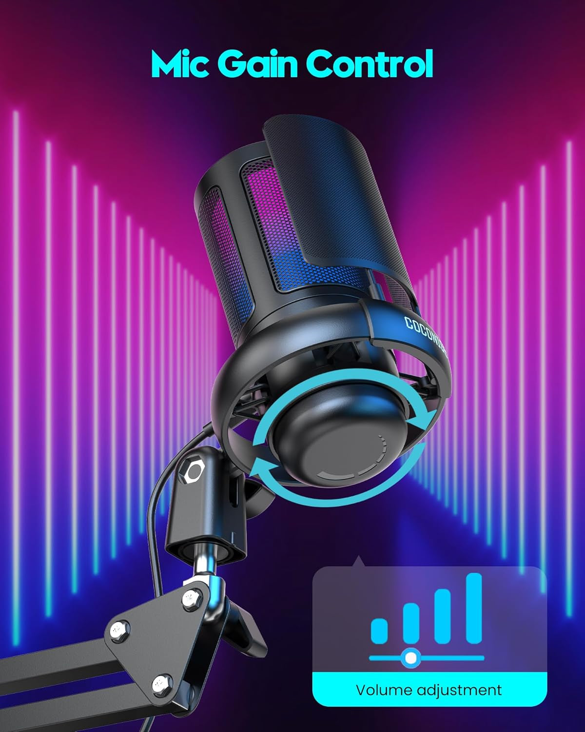 Micrófono para Gaming, Micrófono USB para PC para Podcasts y Videos, Streaming, Micrófono de Condensador con Silencio Rápido, Soporte de Trípode, Filtro Anti-Pop, Indicador RGB, Montaje Antivibración, Botón de Ganancia Giratorio