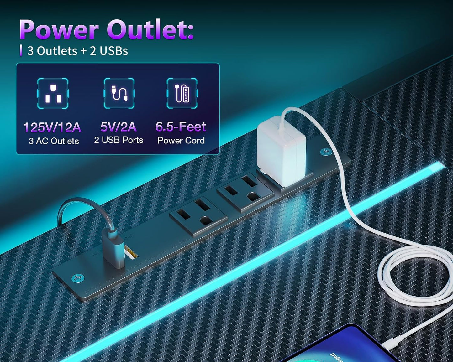 Escritorio de Gaming en Forma de L de 45 Pulgadas con Toma de Corriente y Luces LED, Mesa de Computadora con Vitrina en la Esquina para Soporte de CPU, Estante de Almacenamiento, Superficie de Fibra de Carbono